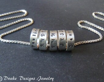 custom name. Sterling silver hand stamped mothers necklace personalize with kids names. for mom. Gift for wife