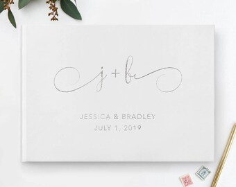 Silver Wedding Guest Book, Initials Wedding Guest Book, Silver Guest Book, Silver Guestbook, Calligraphy Guest Book, White Blank Pages, 31