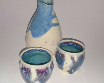 Sake Set - Sake Bottle with 2 Cups - White, Teal & Purple - Wheel Thrown Pottery - Microwave and Dishwasher Safe