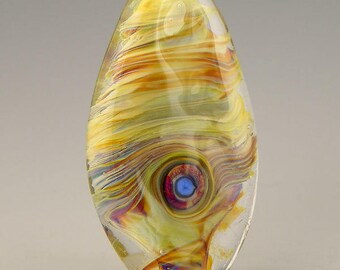 handmade lampwork glass bead an oval tab focal in layered pearly iridescent silverglass - Feather Eye