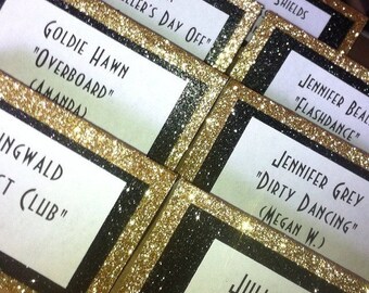 black glitter and gold glitter placecards for a party, shower, or wedding. Shown in a gatsby-inspired font, customizable