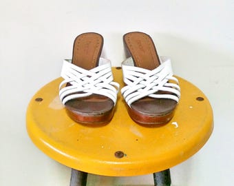 Vintage Dexter White Woven Leather Wedge Sandals Size 8