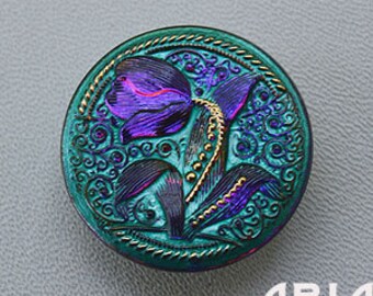 CZECH GLASS BUTTON: 31mm Handpainted Tulip Czech Glass Button, Pendant, Cabochon (1)