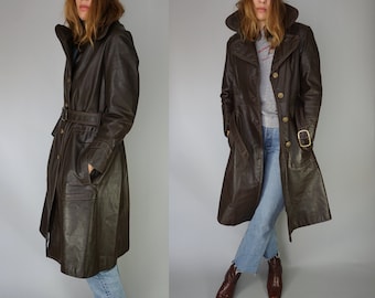 Vintage 70s Leather Jacket Shearling Shawl Collar Belted Wrap