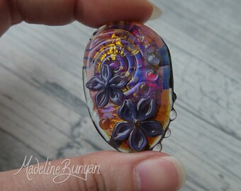 Hot pink and Gold Flower Bead, pendant bead, floral bead, gold, Purple flowers, Lampwork Focal Bead SRA, handmade artisan glass,