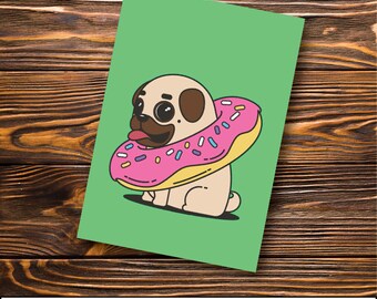 Pug Greeting Card - Pug - Donut Pug | Green