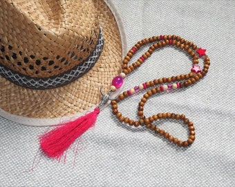 Mala necklace boho Bohemian long wood beads natural, fuschia pink tassel/Buffalo head