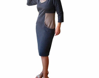 Plus size dress, Grey pockets dress, V neck color block dress, Office dress, Shawl collar dress, Day dress 3/4 sleeve, Plus size clothing