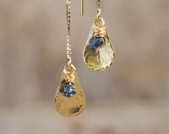 Raw Diamond Earrings, Gift for Women, Gift for Her, Threader Earrings, Chain Earrings, Black Diamond Ear Threaders, April Birthstone Jewelry