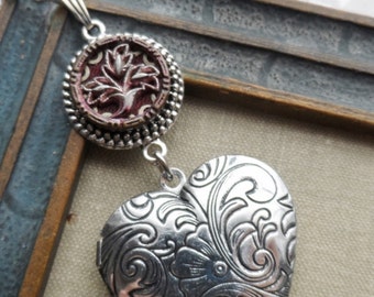 Heart Locket, Necklace, Antique Button, Flower-Leaf Design, Burgundy Tint, Antique Silver Ox, Victorian, Valentine, Timeless Trinkets