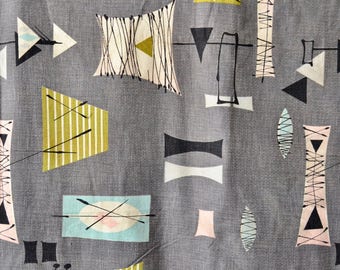 Vintage 50s Barkcloth // 1950s Gray Atomic 'Eames Era' Barkcloth Fabric // 2 Panels