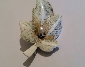 Vintage White Enamel Leaf Brooch Costume Jewelry
