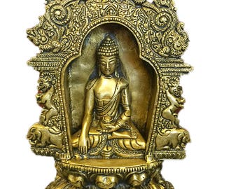 Indian Vintage Meditating Buddha Temple Sculpture Yali Lion Arch Frame Brass Statue Yoga Studio Conscious Decor