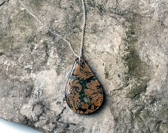 Antique Damask Screen Printed Fused Glass Necklace