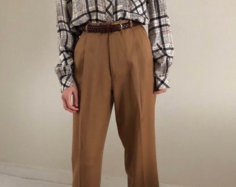 cropped pleated wool baggy trousers / vintage high waist silky wool pants / vintage wool pants / tobacco pants | 29W