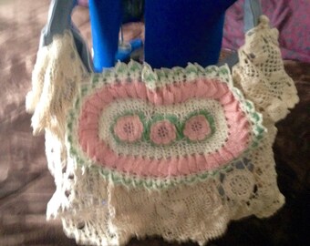 PASTEL PINK and IVORY vintage lace purse doily shoulderbag upscaled repurposed