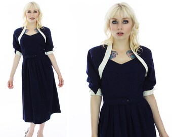 50s Wool Dress 60s Vintage Sweetheart Bodice Mock Jacket Sixties Mad Men 1960s Contrast White Collar Cuffs Small S M Medium