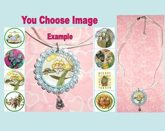 GUMNUT BABIES Children's Rhinestone Ribbon Necklace U Choose Image & Colours Bottlecap Gum Nut Snugglepot and Cuddlepie Baby Leaf May Gibbs