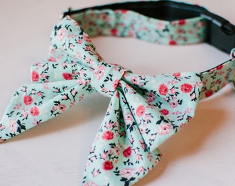 Girly bow dog collar, teal and pink calico floral dog collar, blue dog bow