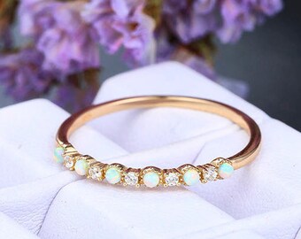 Opal & diamond Engagement Band,14k rose Gold,Anniversary ring,Promise ring,wedding ring,bridal ring,Half Eternity,Stackabl,Gift for her