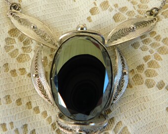 Silver Filigree Necklace, Hematite Necklace, Vintage Silver Necklace