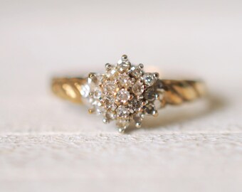 25% SALE! Vintage 9k yellow gold. 0.25 Carat diamond engagement wedding gold ring /boho bohemian gypsy ring. size 7.25