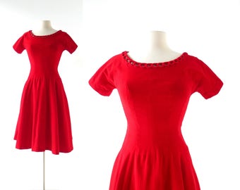 50s Red Velvet Dress | 1950s Dress | 50s Velvet Dress | XS