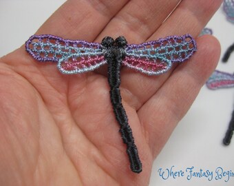One set of 5, Hand Dyed Venise Applique Dragonflys, Victorian Embellishment, Crazy Quilts, Clothes, Pillows, Hand Bags, Scrap Booking,VLA138