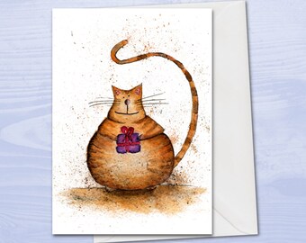 Cute cat birthday card, cat card, card for cat lover, cute birthday card, cat with gift, tabby cat, sweet birthday card, greetings card
