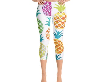 Tropical Pineapple Capri Leggings multi-color pattern