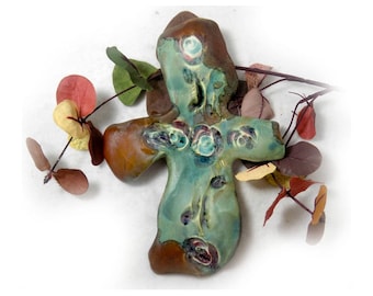 Wall Cross, green brown cross - Home Decor Cross, Ceramic green Cross , wall art cross - one of a kind wall cross - # 146