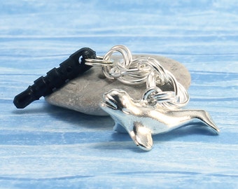 Nautical Dust Plug Charm - Beluga Whale, Headphone Jack Charm, Baby Beluga, Mini Chainmaille, Silver Plated Pewter Charm