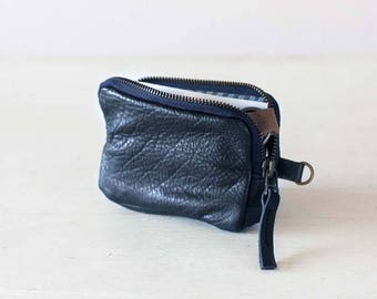 Dark blue leather coin purse, credit card purse zipper phone case minimalist small pouch - The Myrto Zipper pouch
