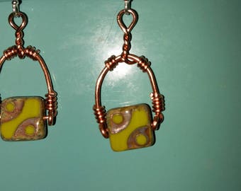 Copper stirrup earrings with Chartreuse Czech beads and sterling hooks