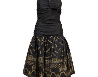 Zandra Rhodes Silk Taffeta Black and Gold Painted Evening Dress
