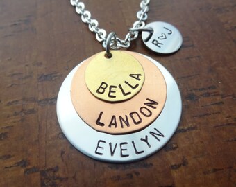 Layered Mixed Metal Family Necklace with names of Children and Parent initial Charm - Mother Necklace