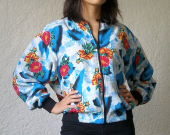 Map/Floral Print Zip Up Jacket Size S