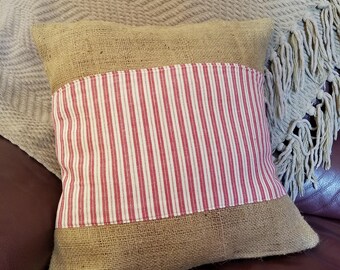 Red Ticking Pillow, Ticking Pillow, Red Striped Pillow, Burlap Pillow, Rustic Pillow, Farmhouse Pillow, Farmhouse Decor, Rustic Decor