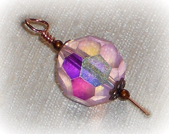 Bead Dangle, Pink Bead Dangle, Pink AB Crystal, Copper Bead Dangle, Handmade Bead Dangle Charm, Round, Crystal Pendant, Pink Crystal Pendant
