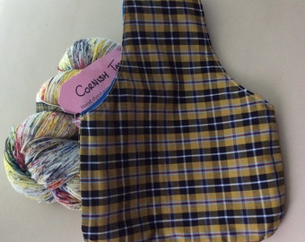 Small knitting project bag, wrist bag, over arm project bag, Cornish tartan fabric, knitters project bag, knitters gift bag.
