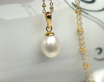 Large White Pearl Pendant Necklace | Freshwater Oval Drop Pearl | 18k Gold Vermeil | 14k Gold Filled Chain | Birthday Gift | Ready to Ship
