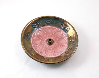 Incense Burner Lotus Aum Handmade Raku Ceramic Pottery
