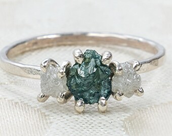 Three Stone Rough Diamond and Sterling Silver Ring - Raw Diamond Ring - Anniversary Gift - White Diamond Ring - Blue Diamond - Black Diamond