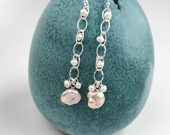 Freshwater Pearl and Sterling Silver Dangle Earrings - Unique Pearl Jewelry - Nickel Free Everyday Silver Jewelry - Pearl Earrings