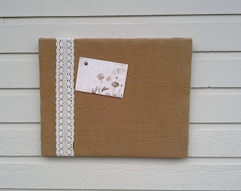 Burlap and Lace Bulletin or pin Board, Memo or Vision, gold burlap with ecru lace, for photo and card display, cabin decor