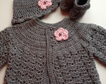Crochet Baby Sweater Hat Booties Set Heather Grey 3-6 mo