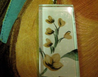 Recycled Wallpaper and Glass Pendant - Straw and Sage flowers on Beige - summer fun