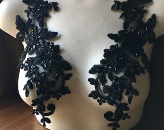 BLACK Beaded Applique PAIR Alencon Lace for Lyrical Dance, Bridal, Ballet, Headpieces, Costumes PR 54bl
