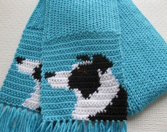 Border Collie Scarf. Turquoise knit and crochet scarf with black and white collie dogs. Knitted dog scarf. Border collie gift