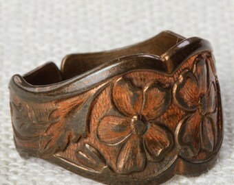 Vintage Copper Ring Adjustable Band Floral Etched Pattern Womens 7RI